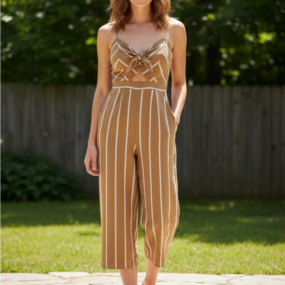 Astr Tan and White Striped Jumpsuit
